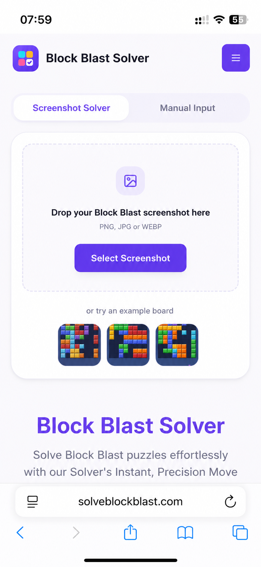 Block Blast Solver — 2. Augšupielādē risinātājā
